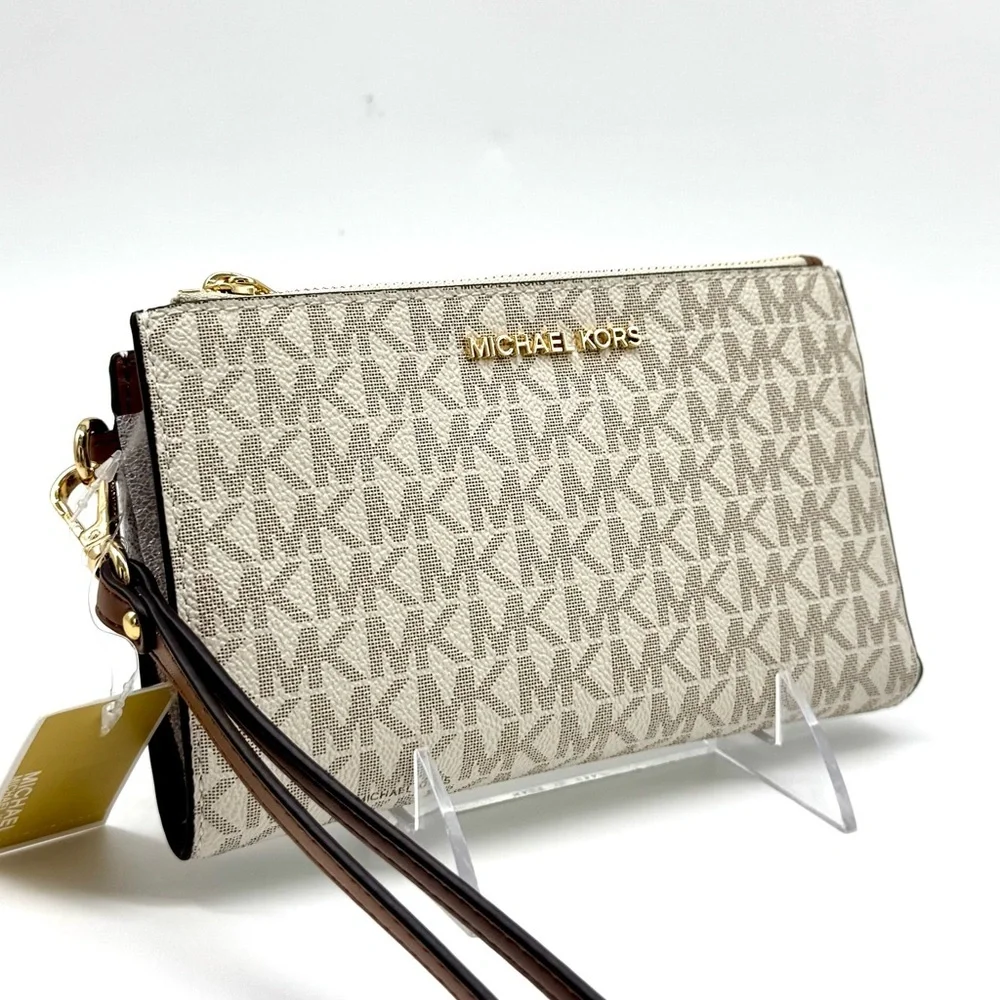 Michael Kors Large Jet Set Travel Signature Double Sip Wallet Wristlet - Vanilla